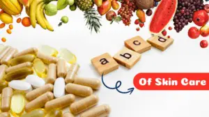 Various fruits and supplements are shown next to Scrabble tiles spelling "a b c d". A label reads "ABCDE of Skin Care".