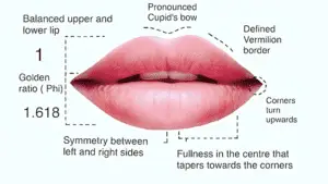 Image showing a pair of lips annotated with features of the "ideal" lip shape, including balanced lips, pronounced Cupid's bow, defined vermilion border, golden ratio (Phi 1.618), symmetry, and full center--achievable through precise lip fillers.