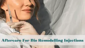 A person wearing gloves holds a syringe near their face. Text on the image reads, "Aftercare for Bio Remodelling Injections.