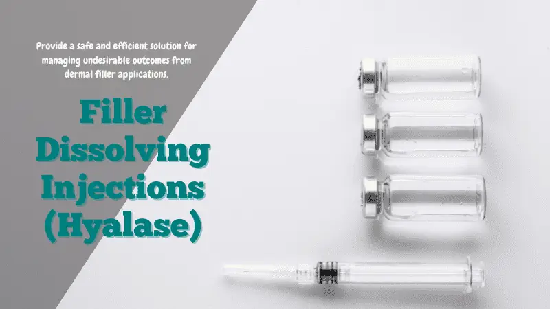 Image of three vials and a syringe next to the text "Filler Dissolving Injections (Hyalase)" on a clean, minimalist background. The text mentions managing undesirable outcomes from dermal filler applications using Hyalase.