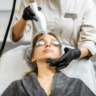 A woman receiving a facial treatment with a handheld laser device in a home redesign setting.