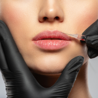 Close-up of a lip injection procedure being performed in a home improvement setting.