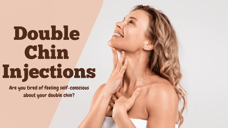 A woman touches her neck while looking upward, with text on the left reading "Double Chin Injections" and asking if one feels self-conscious about their double chin. Explore Injectable Treatments for effective chin fat reduction.