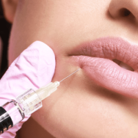 A woman getting a lip injection with a syringe using filler.